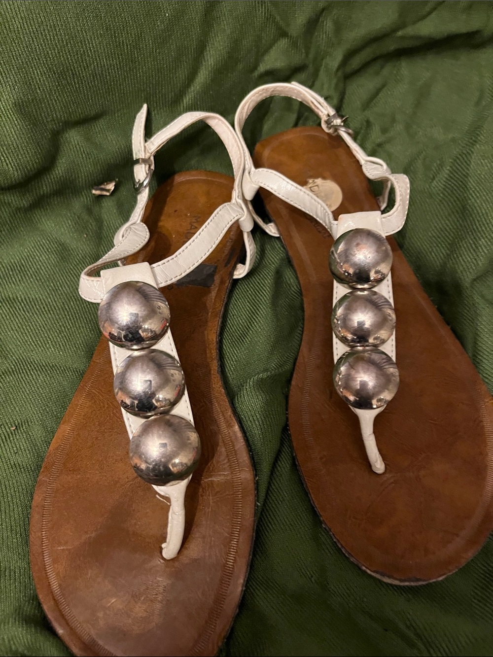 Madeline Stuart White Leather T-Strap Sandals with Silver Orbs